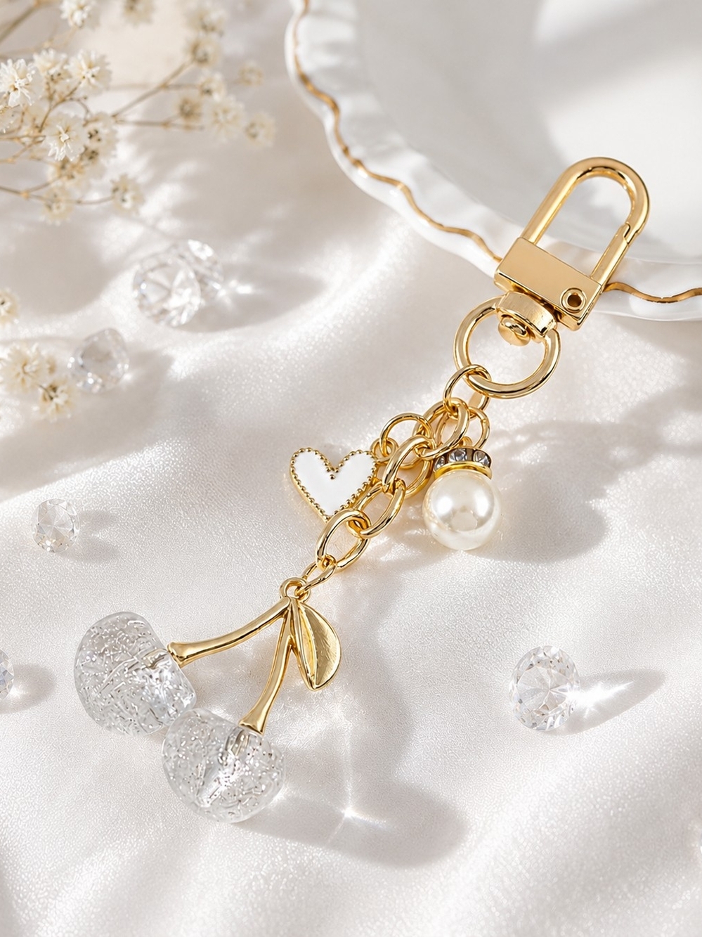 Gold Cherry Charm Keychain with Pearl and Heart Accent